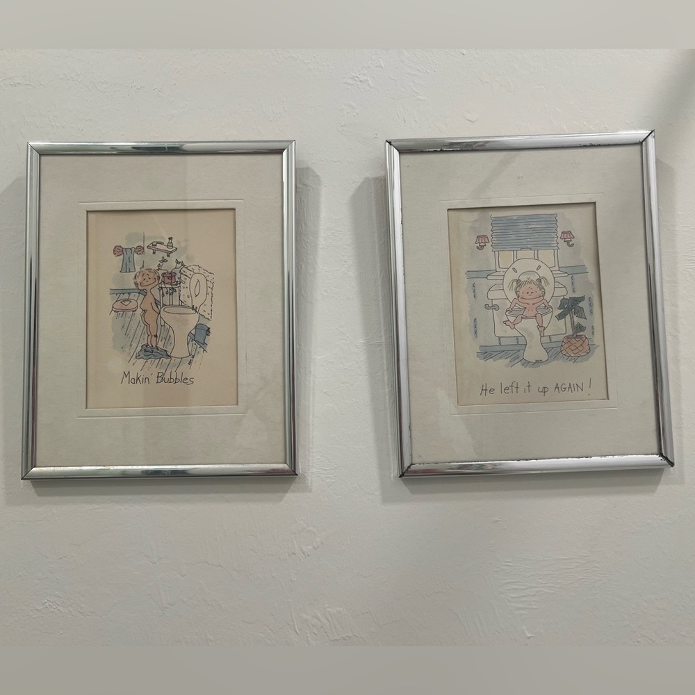 Vintage Bathroom Art Prints with Silver Frames